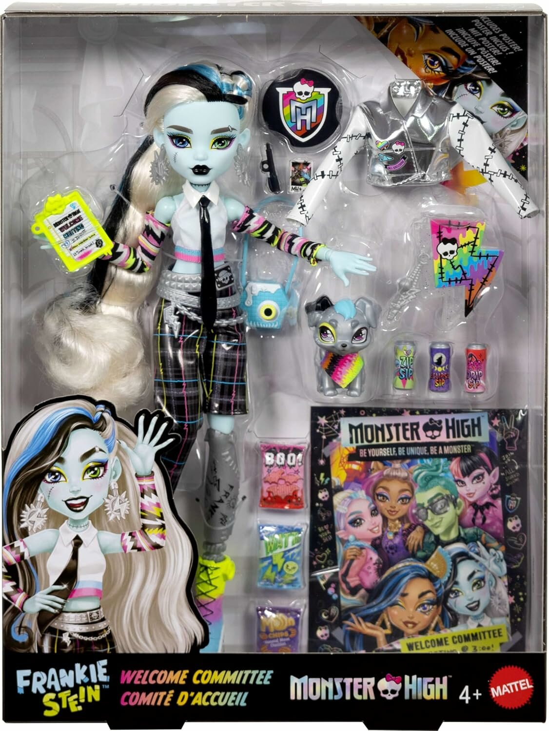 Monster High Frankie Stein Welcome Committee: кукла, питомец Watzit, 15 аксессуаров, постеры, стикер