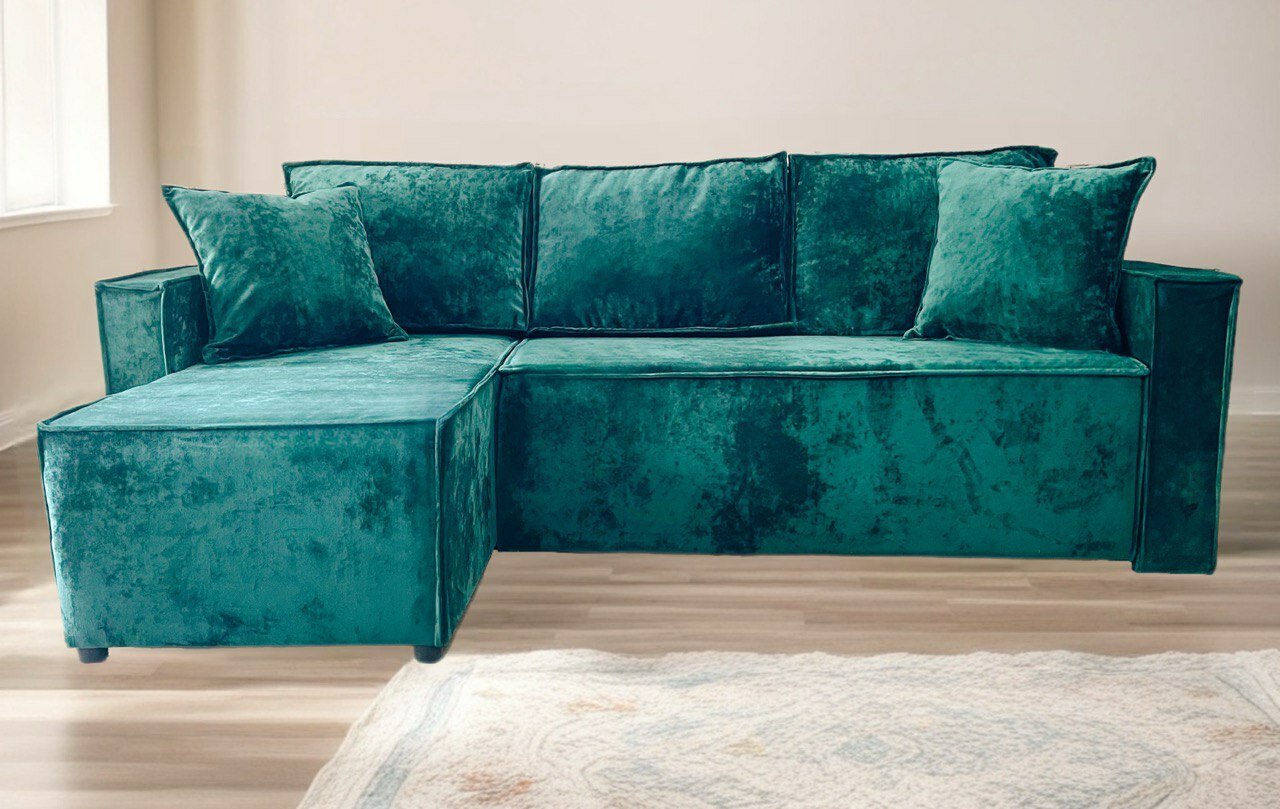 Угловой диван-кровать "Лофт" изумрудный антивандальный велюр OWN левый угол