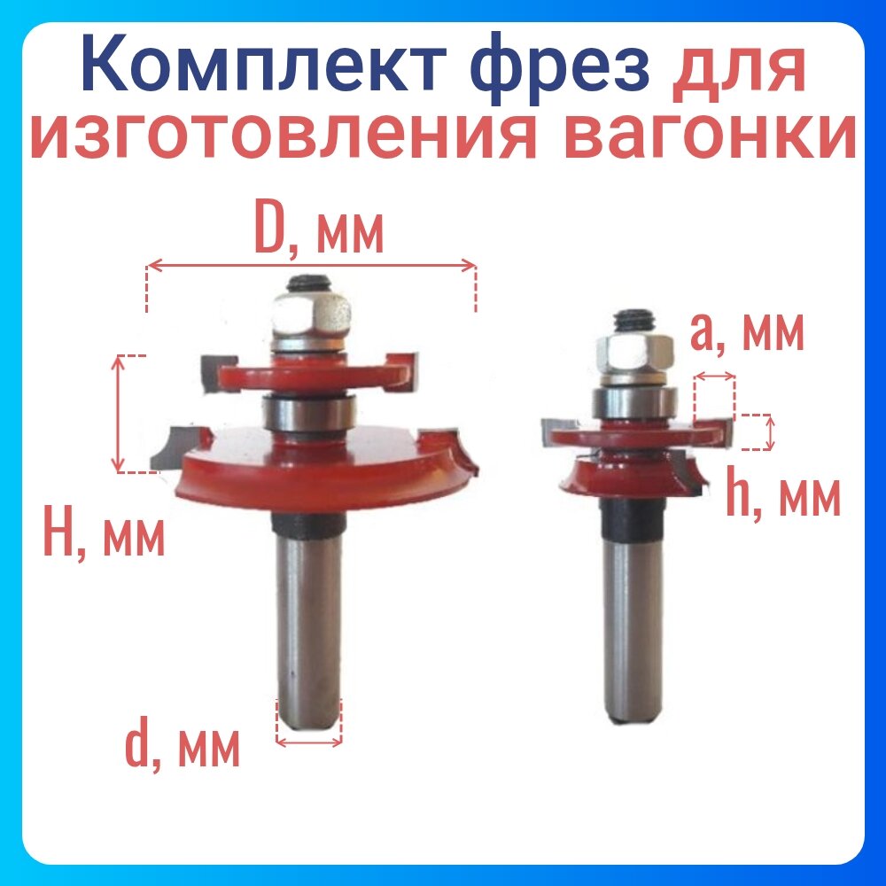 Комплект фрез для иготовления вагонки (имитация бруса) h1-6, h2-5, H-22мм. Хвостовик -8мм.