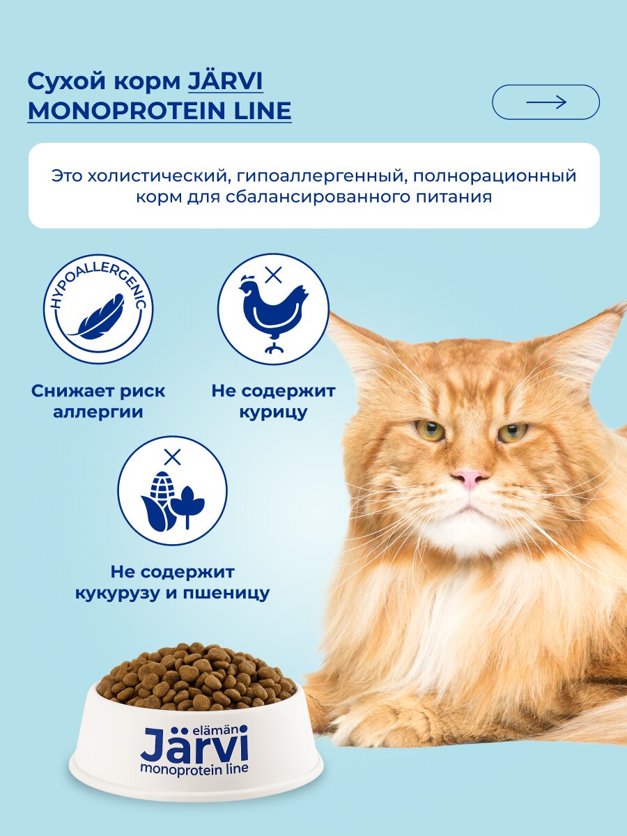 Сухой корм Jarvi монопротеиновый полнорационный для стерилизованных кошек и кастрированных котов Индейка, 3 кг — фото 1
