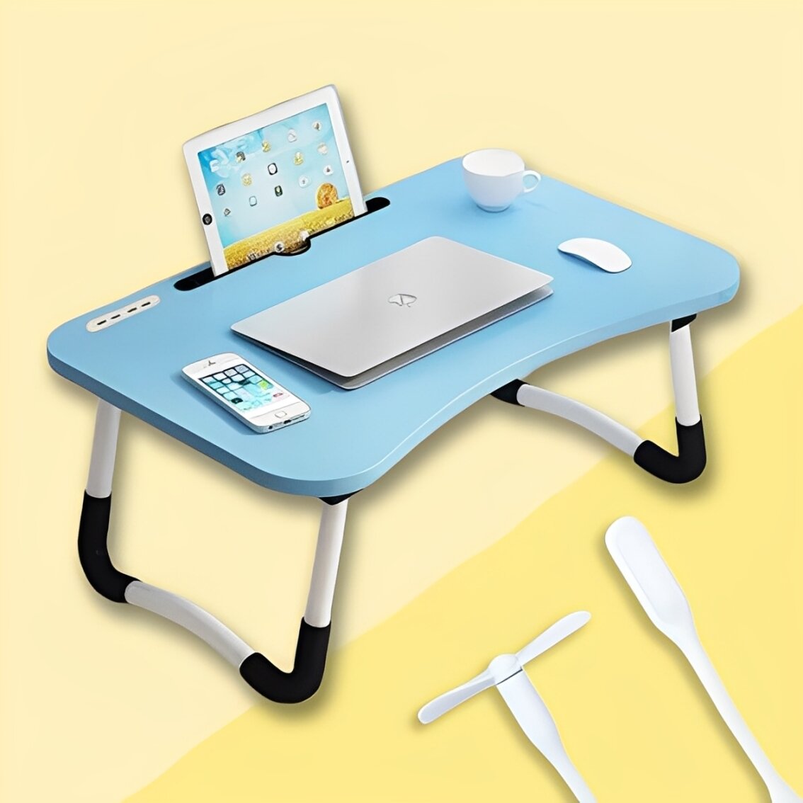 Складной стол-подставка для ноутбука, вентилятор и светилник в комплекте, многофункциональный, голубой