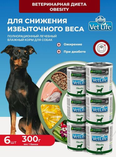 Изображение товара Диетический влажный корм для собак 6 шт 300г Контроль веса, ожирение, избыточный вес, Farmina Вет Лайф Обесити vet life obesity