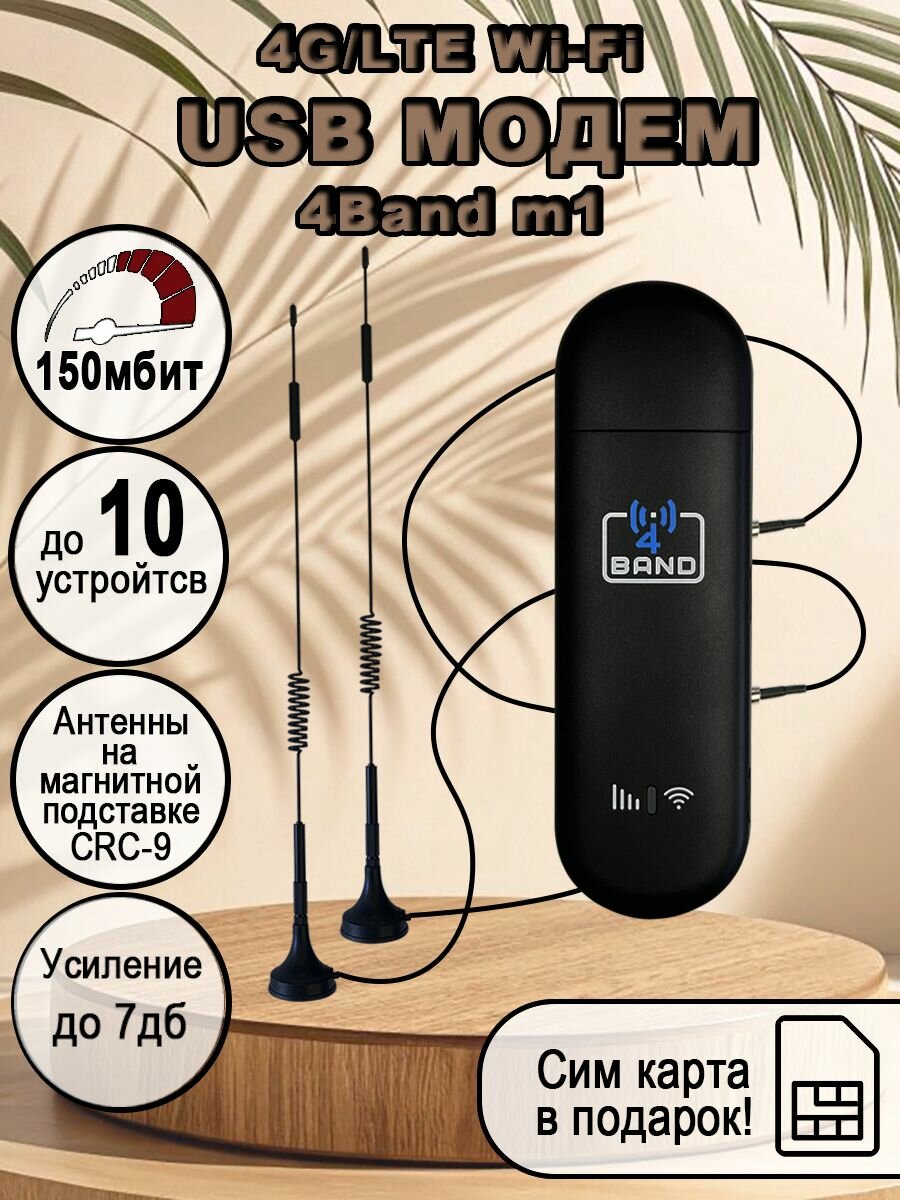 USB модем 4G M1 c внешними антеннами CRC-9 на магнитной подставке 30см
