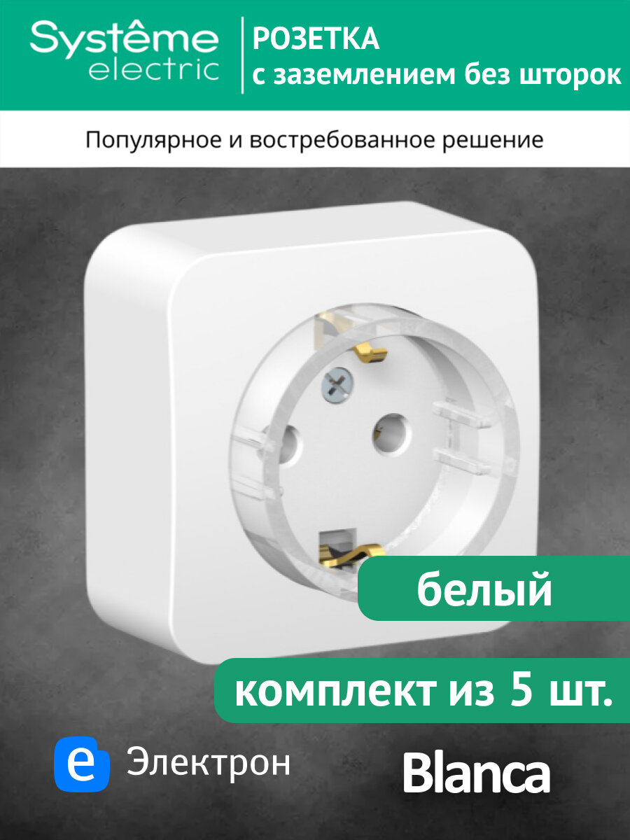 Розетка Systeme Electric Blanca с заземлением, без шторок, белая, для открытой проводки, BLNRA110111 (комплект из 5 шт.)