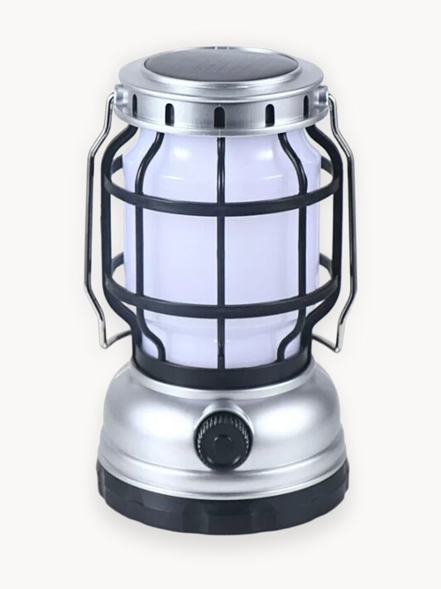 Кемпинговый, Новогодний фонарь, с двумя режимами свечения, с аккумулятором Li-ion-18650 и зарядкой от света, цвет серебро.