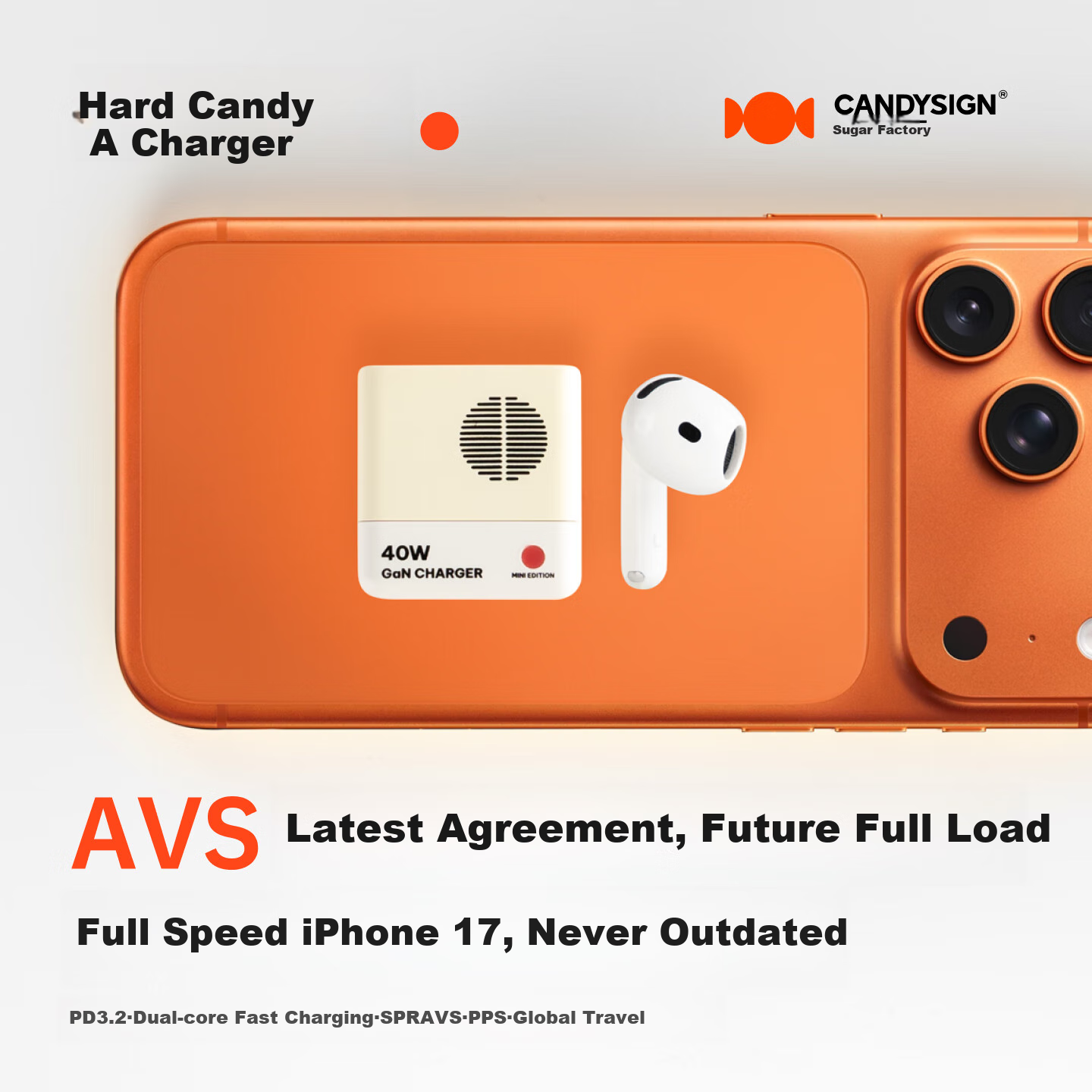 CANDYSIGN Hard Candy Factory 40W GaN зарядное устройство с поддержкой протокола AVS для iPad Apple 17 16 Android Type-C