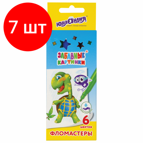 Комплект 7 шт, Фломастеры юнландия 6 цветов, забавные картинки, вентилируемый колпачок, картон, 151677