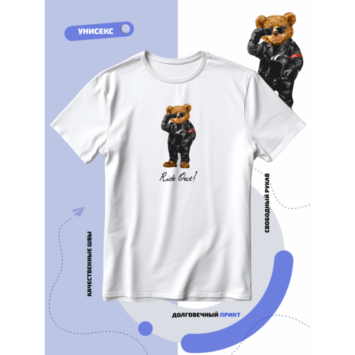 фото Футболка прикольный мишка тедди мотоциклист с надписью, размер l, белый smail-p