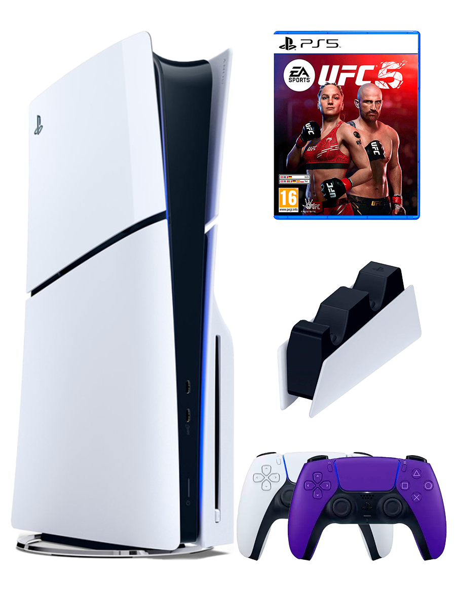 PS5 (ПС5) Игровая приставка Sony PlayStation 5 Slim disc + 2-й геймпад(фиолетовый) + зарядное + игра UFC 5