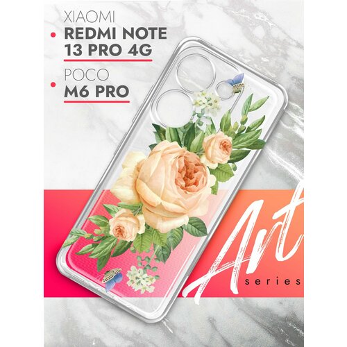 Чехол на Xiaomi Redmi Note 13 Pro 4G/Poco M6 Pro (Ксиоми Редми Ноте 13 Про 4г), прозрачный силиконовый с защитой камер, Brozo (принт) Бежевые Розы чехол на xiaomi redmi note 13 pro 4g poco m6 pro ксиоми редми ноте 13 про 4г черный книжка экокожа подставка book case brozo принт медведь шапка