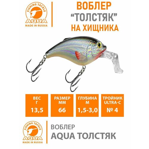 Воблер для рыбалки AQUA толстяк SR 66mm, цвет 023 (классика, плотва), 1 штука воблер для рыбалки aqua толстяк sr 66mm цвет 023 классика плотва 1 штука