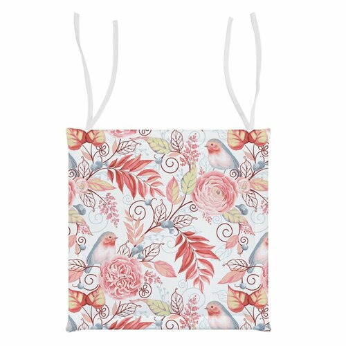 Подушка на стул С завязками 40Х40 рогожка птички РОЗ н-текс