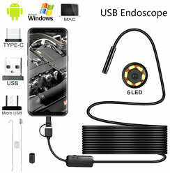 USB эндоскоп для смартфона или ПК камера 5,5мм длина 5 метров / видеоскоп для телефона с microUSB и Type-C мягкий