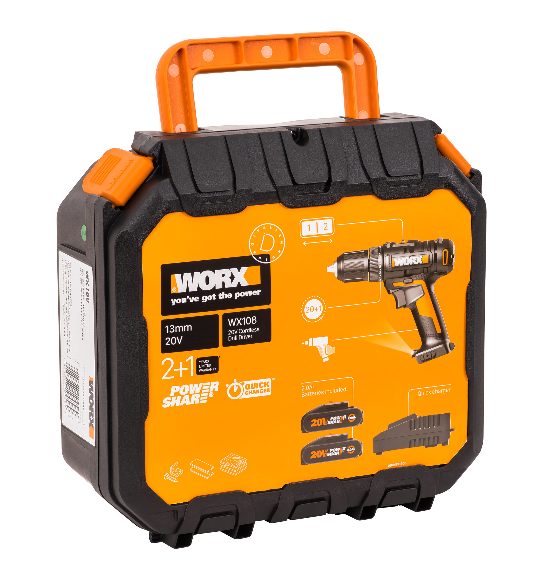 Дрель-шуруповерт аккумуляторная WORX WX108, 45Нм, 20В, 2Ач x2, ЗУ 2А, кейс