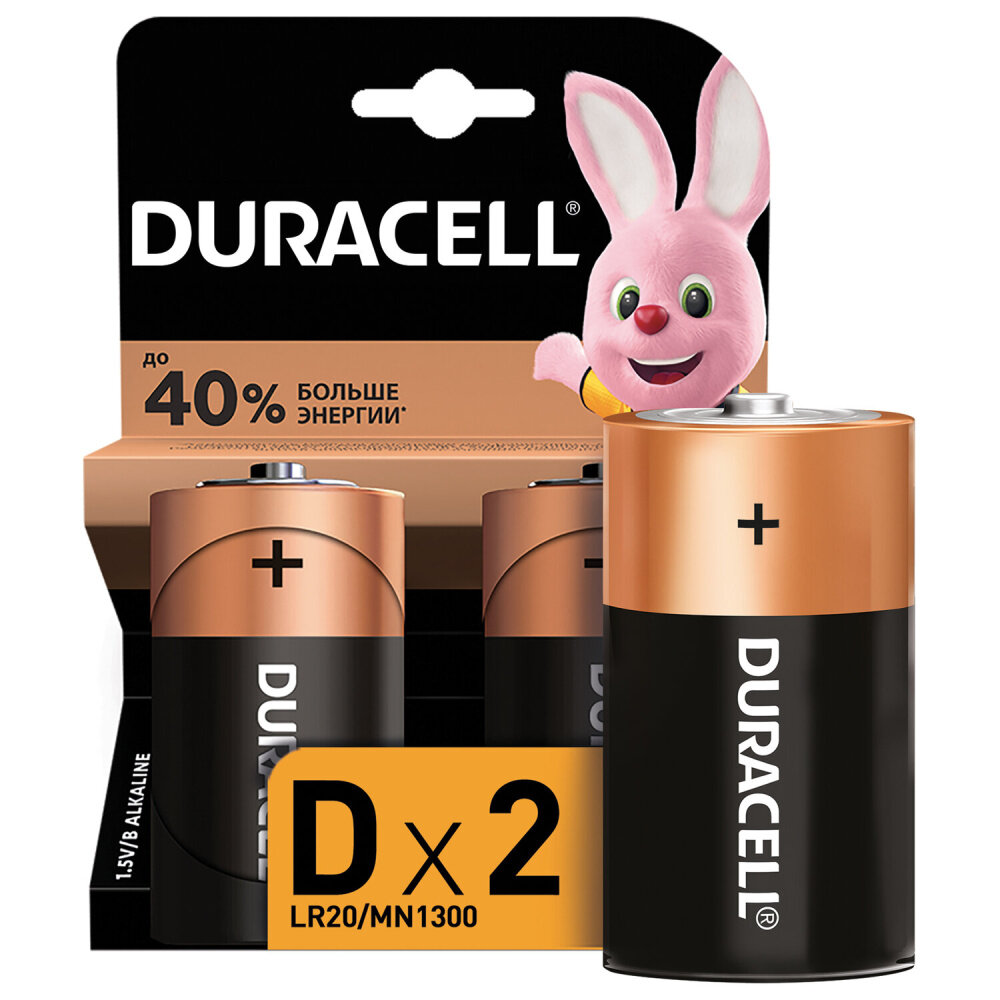 Батарейки DURACELL Basic, D (LR20, 13А), алкалиновые, комплект 2 шт, в блистере, MN 1300D LR20 упаковка 2 шт.