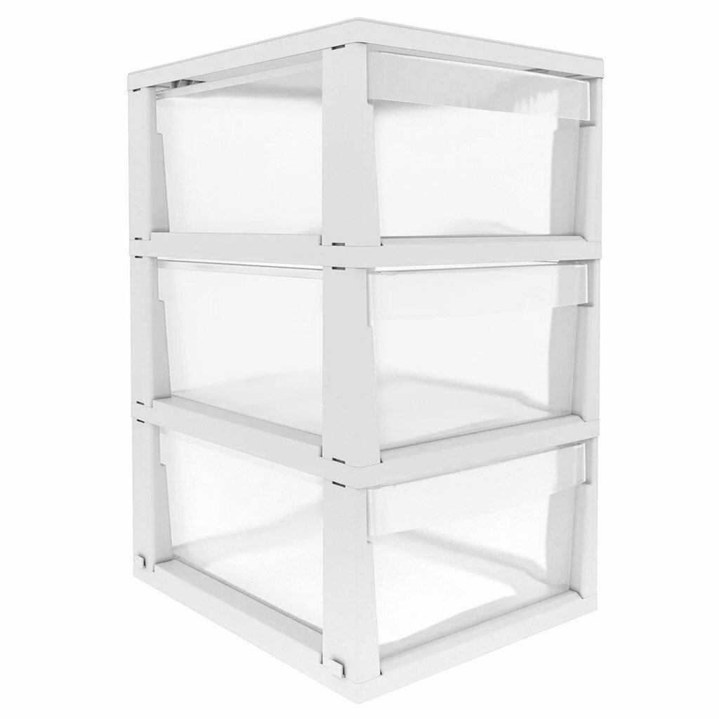 фото Стеллаж Архимед "Uniqum", трехъярусный, пластмассовый, 37х29х50 см, модульный, прозрачный ящик, корпус белый