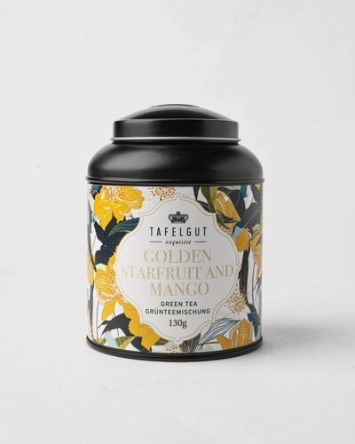 Изображение товара Чай зеленый листовой Golden starfruit and mango в жестяной банке 130 грамм. Весенняя коллекция.
