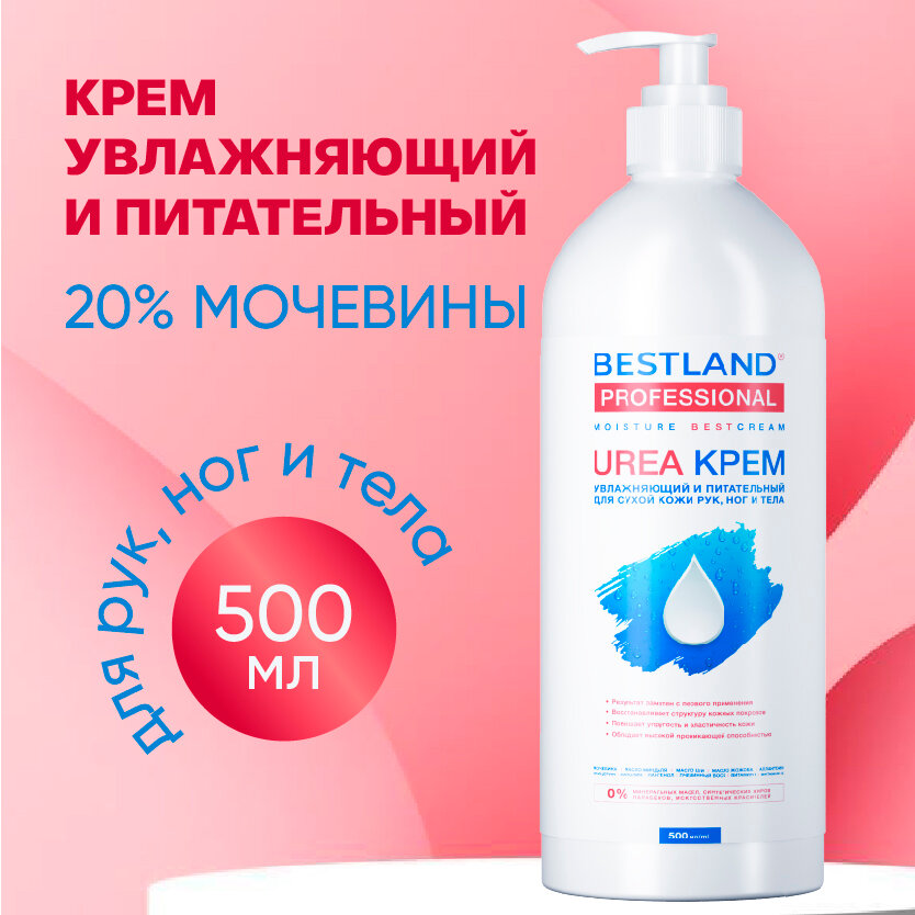 Увлажняющий и питательный крем Bestland флакон с дозатором 500 мл от трещин и натоптышей с мочевиной и пантенолом для рук ног тела пяток