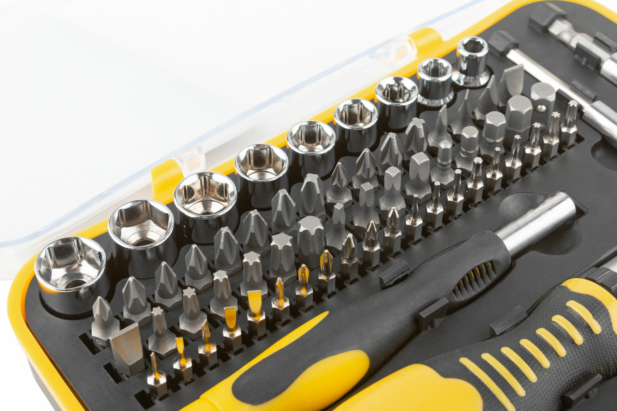 фото Отвертки реверсивная и для точных работ, набор 65 шт, пластиковый прорезиненный кейс