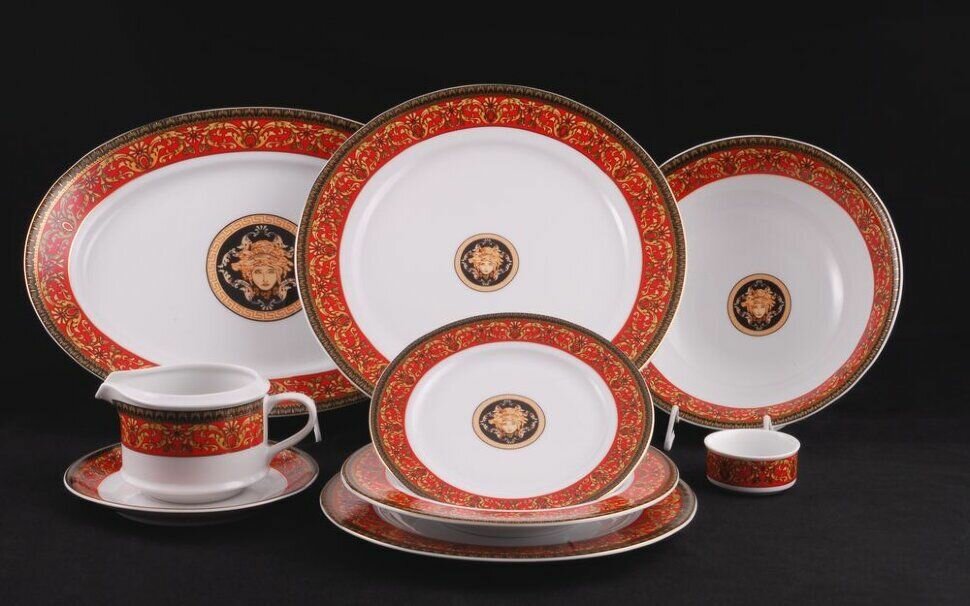 фото Столовый фарфоровый сервиз на 6 персон "Версаче" красная лента 24 предмета (Сабина)