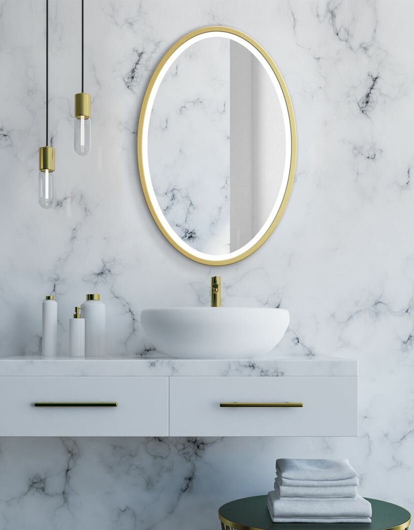 Овальное зеркало для ванной 60х90 см с подсветкой в металлической золотой раме, TODA ALMA