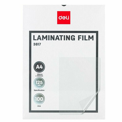 Пленка для ламинирования Deli 125мкм A4 100шт глянцевая 216x303мм с клеящим слоем E3817 1487₽