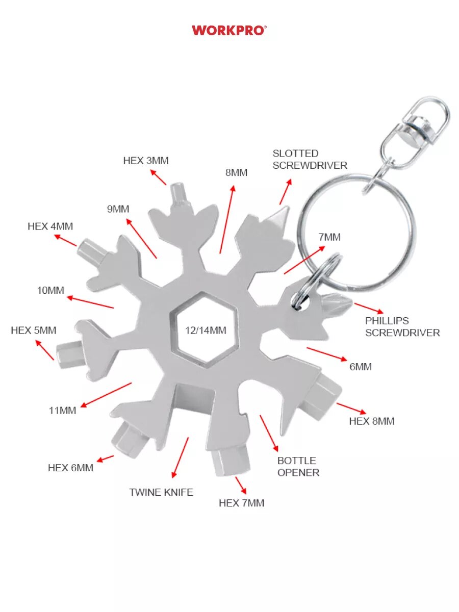 Мультитул Снежинка с кольцом WP221067, WORKPRO, цвет серебристый — фото 1