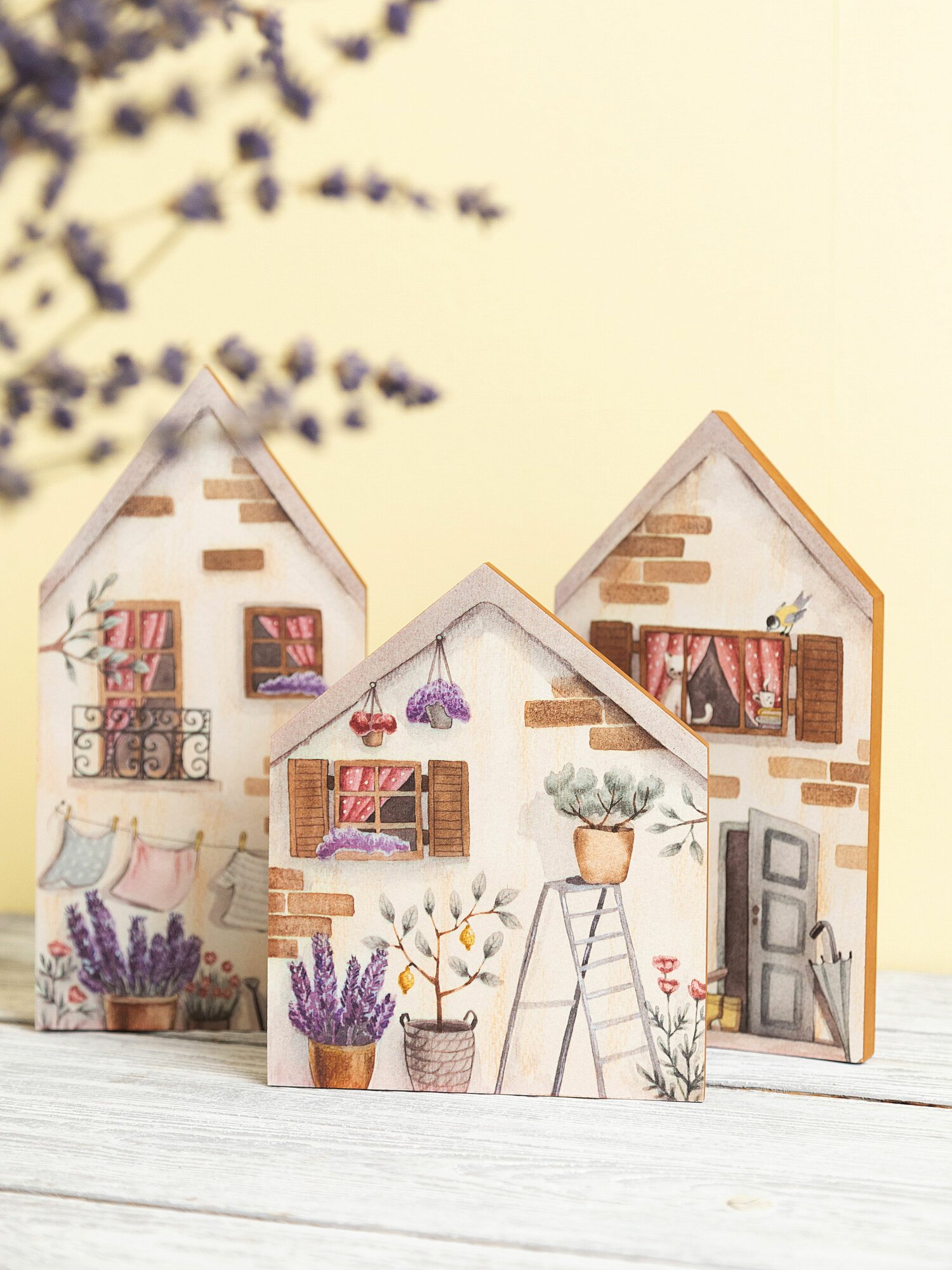 фото Декоративные деревянные домики из МДФ, украшение на стол, подоконник, камин. Набор из 3х штук.