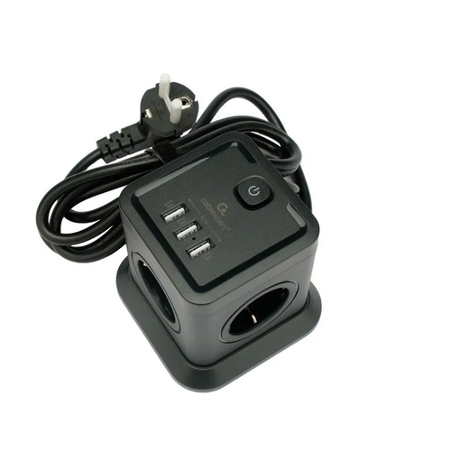 Сетевой фильтр Cablexpert Tower, 4 розетки, 3xUSB, 2м, черный, коробка