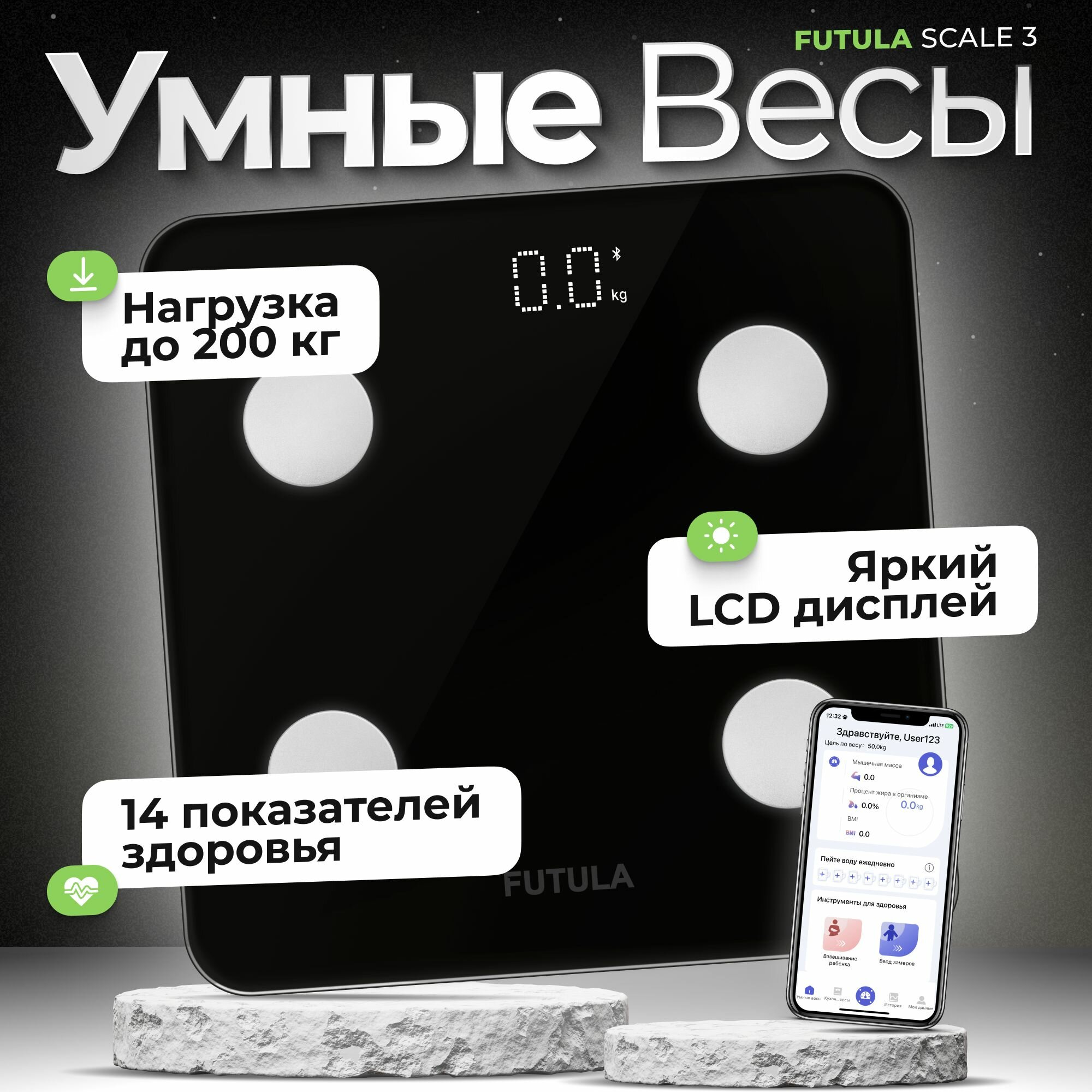 Весы напольные умные Futula Smart Scale 3 черные, Смарт весы электронные с функцией Bluetooth