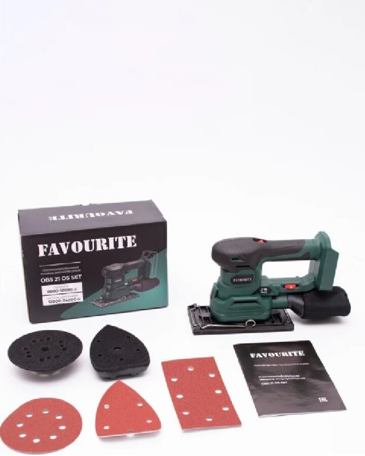 Плоскошлифовальная аккумуляторная машина FAVOURITE Li-ion 21 В 2/4/6 Ач 6000-12000 об/мин 12000-24000 кол/мин 15 мм 3 сменные подошвы (круг прямоугольник дельта) One battery system OBS 21 OS SET