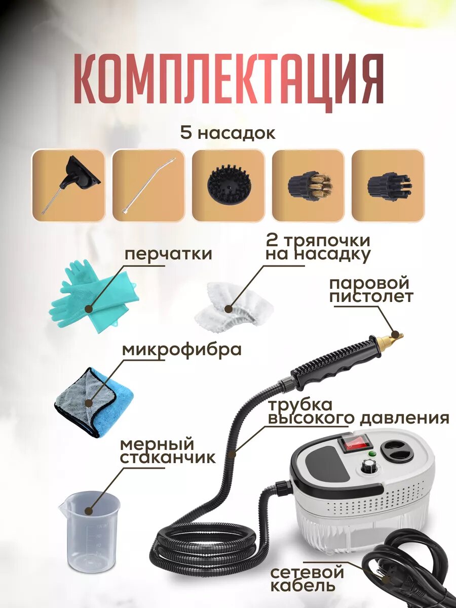 Мощный пароочиститель с антимикробной обработкой и насадками для дома и текстиля, 5 насадок — фото 1