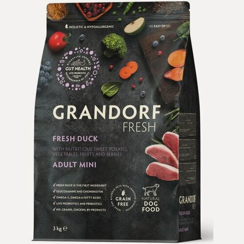 Изображение товара Корм сухой Grandorf Fresh , беззерновой с живыми пробиотиками, свежее мясо утки с бататом для собак мелких пород, 3 кг