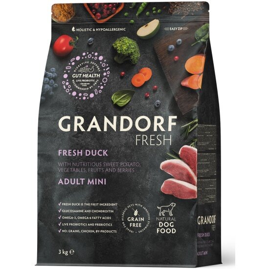 Корм сухой Grandorf Fresh , беззерновой с живыми пробиотиками, свежее мясо утки с бататом для собак мелких пород, 3 кг