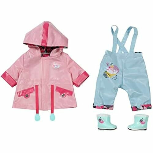 BABY born, Одежда для кукол, BABY Born Deluxe Rain Set 43 см, Одежда для дождевиков, комплект с розовой курткой-дождевиком, синими брюками и резиновыми сапогами, 832578, Zapf Creation