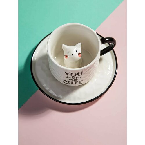 Чайная пара, кружка с блюдцем и декоративным котом
