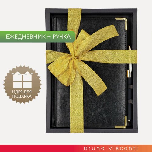 Изображение товара Подарочный набор Bruno Visconti "SIDNEY NEBRASKA" (ежедневник недатированный, черный, с золотым срезом, с золотыми уголками, А5 и ручка шариковая подарочная) арт.3-128/17-2