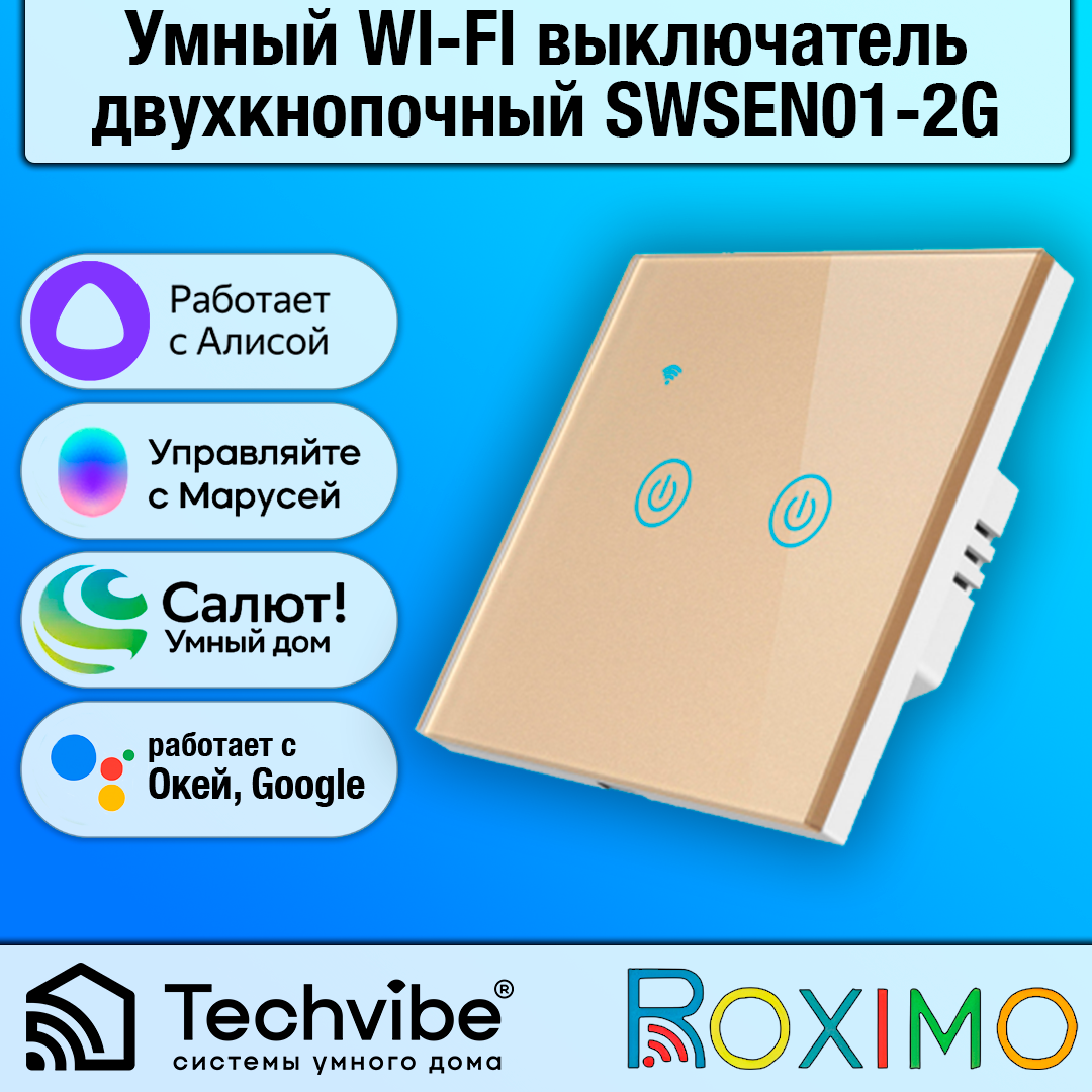 ROXIMO / Умный Wi-Fi выключатель сенсорный, двухкнопочный, золотой SWSEN01-2G