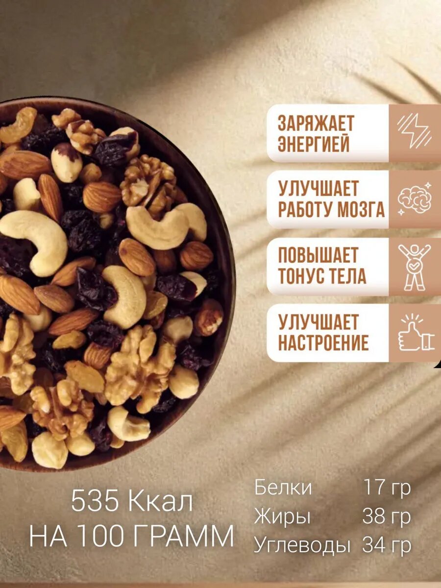 Ореховая смесь Royal Nuts с изюмом, жареная: кешью/миндаль/фундук/грецкий орех/изюм Джамбо Золотой/изюм Кагор 1 кг — фото 1