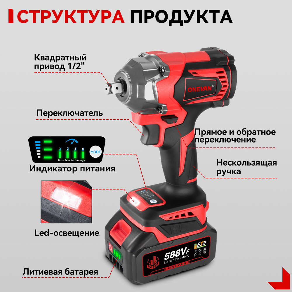 Гайковерты Аккумуляторный ударный винтоверт, бесщеточный, 1200 Нм, 1/2 дюйма,21В,2 акб,3А·ч,1200 Вт