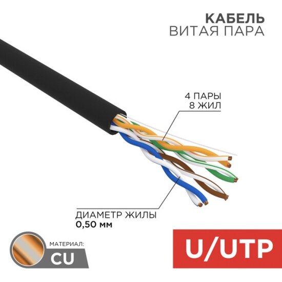 Кабель витая пара Rexant UTP 4PR, 24AWG, медь, CAT5e, наружный (outdoor), бухта 25 м