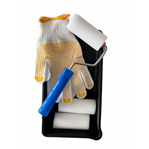 Набор для краски малярный. Микс цветов (желтый /черный/синий). Ванночка, валик поролоновый 100 мм, 2 сменные шубки , перчатки