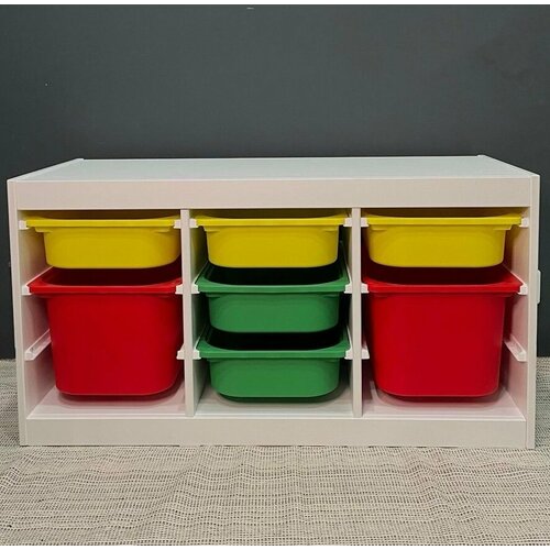 Стеллаж горизонтальный ТРУФАСТ /TROFAST, белый, с контейнерами ( 2 красных, 3 желтых, 2 зеленых )