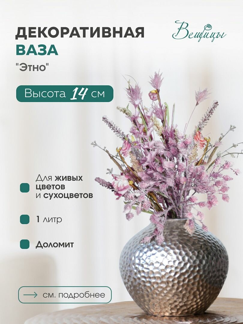Ваза декоративная Вещицы 14 см / Для декора и цветов / Цвет серебристый