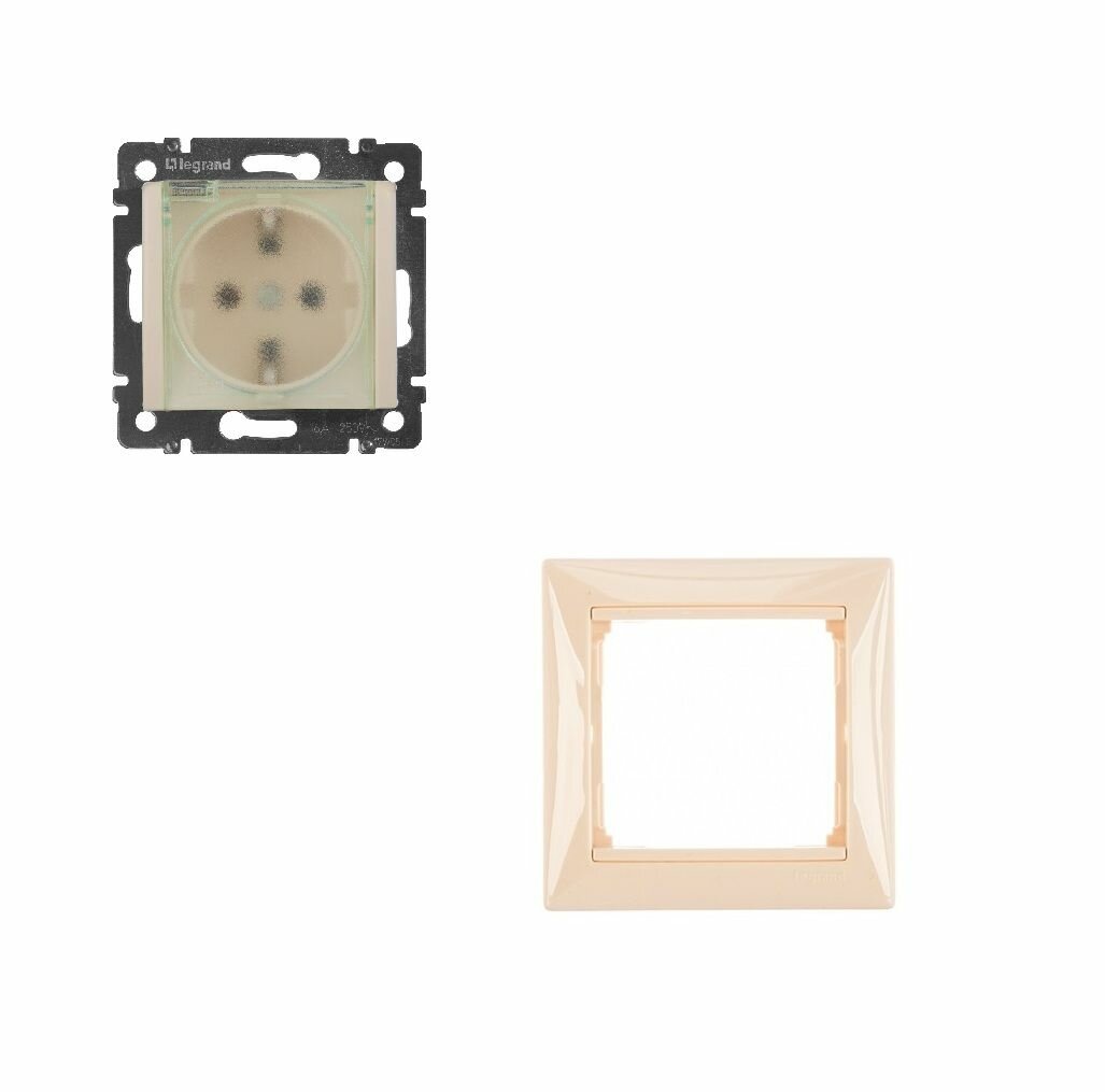 Розетка Legrand 4120, с рамкой, заземление, IP44, евровилка, скрытая, слоновая кость