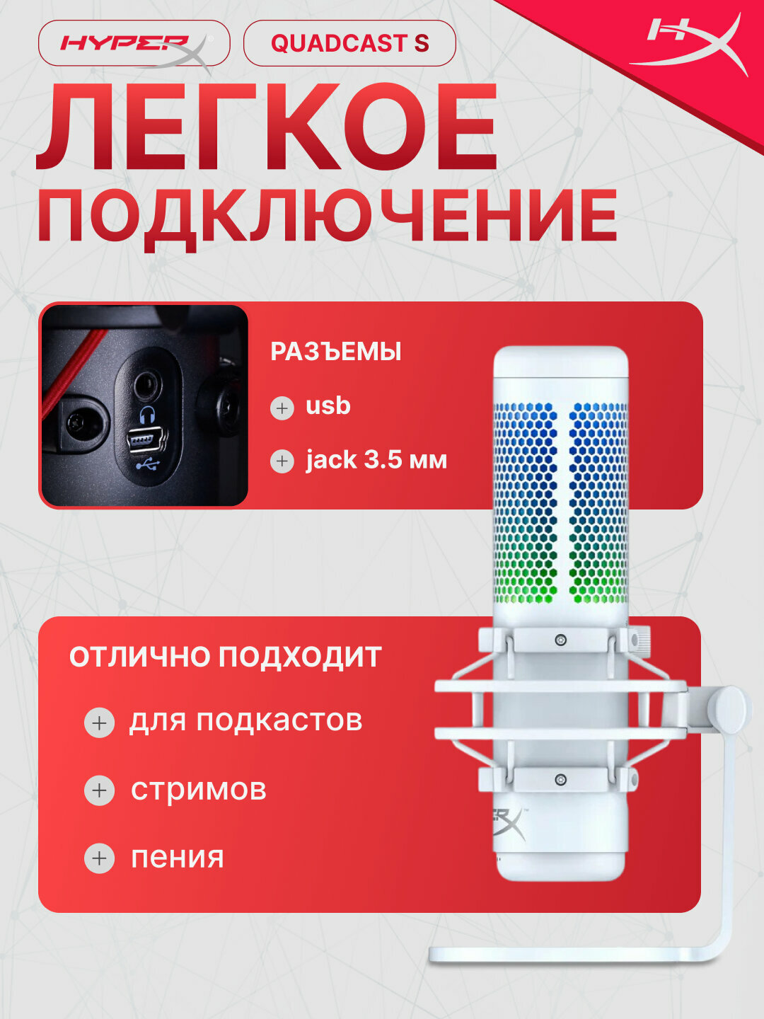 Микрофон HyperX QuadCast S, белый, студийная запись, RGB, 519P0AA — фото 1