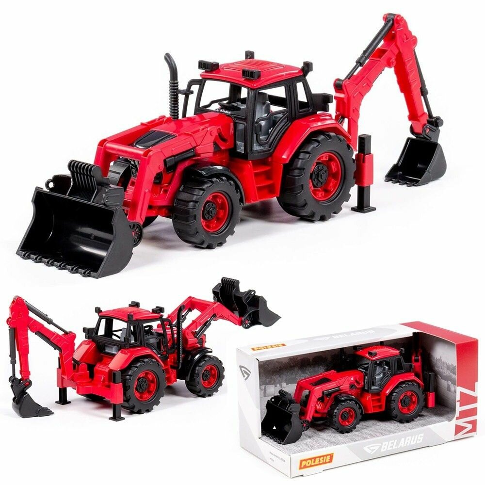 Трактор Полесье Belarus, с экскаватором и погрузчиком, пластик, в коробке инерционный (91857)