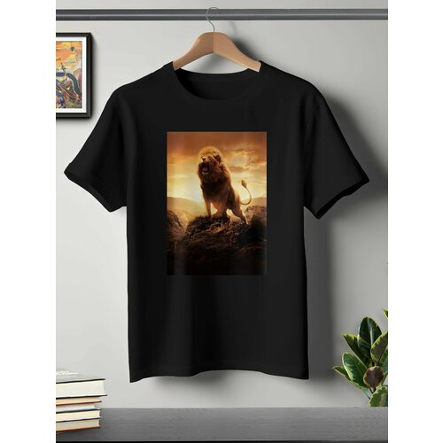 фото Футболка oneq унисекс 64-66 (5xl) размер с принтом лев, черная, размер 5xl, черный