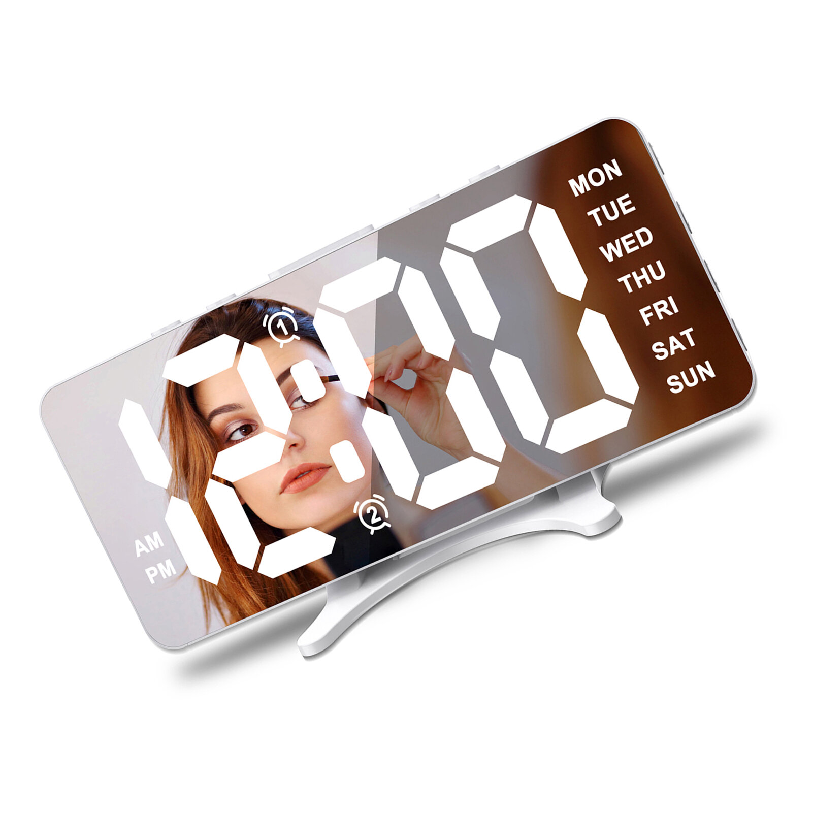 Цифровой светодиодный будильник для спальни, зеркала, стола, с 2 будильниками, функцией повтора сигнала, регулируемой яркостью, ночным режимом и USB-портом для зарядки. Белый корпус.