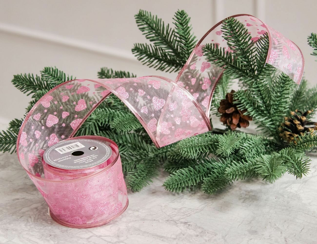 Лента для декорирования воздушная нежность с сердечками розовая 6х270 см Koopman International 767921060-2